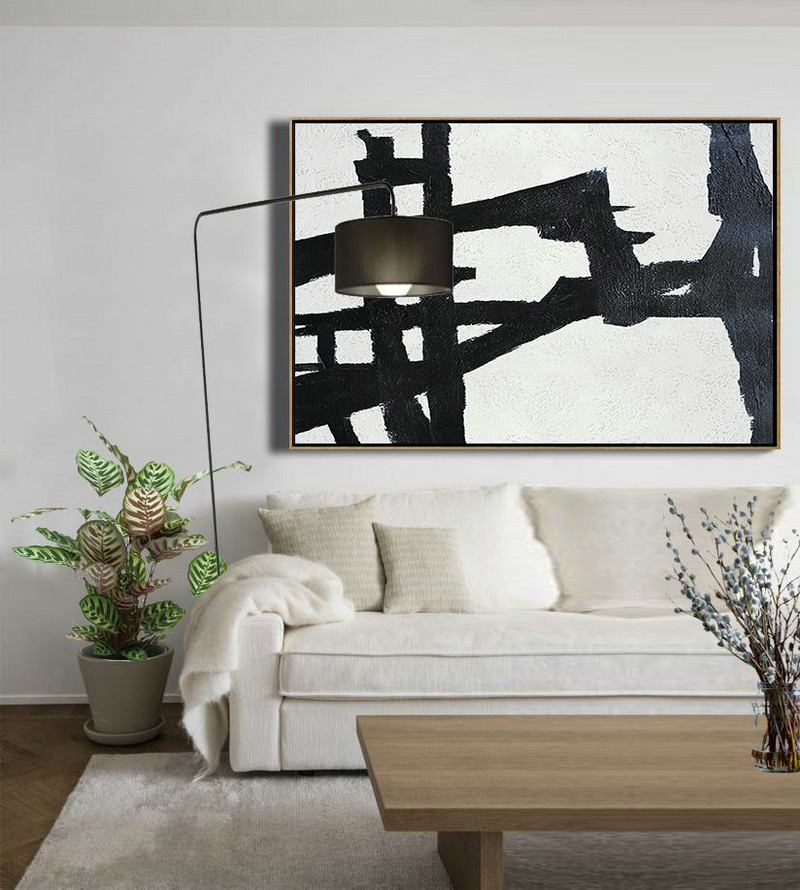 Modern Art Abstract Painting,Hand Painted Oversized Horizontal Minimal Art On Canvas, Black And White Minimalist Painting - Huge Abstract Canvas Art